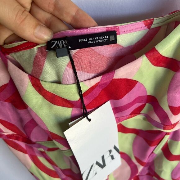 Zara Pink Green Printed Satin Effect Mini Dress Size XS NWT - Picture 3 of 11